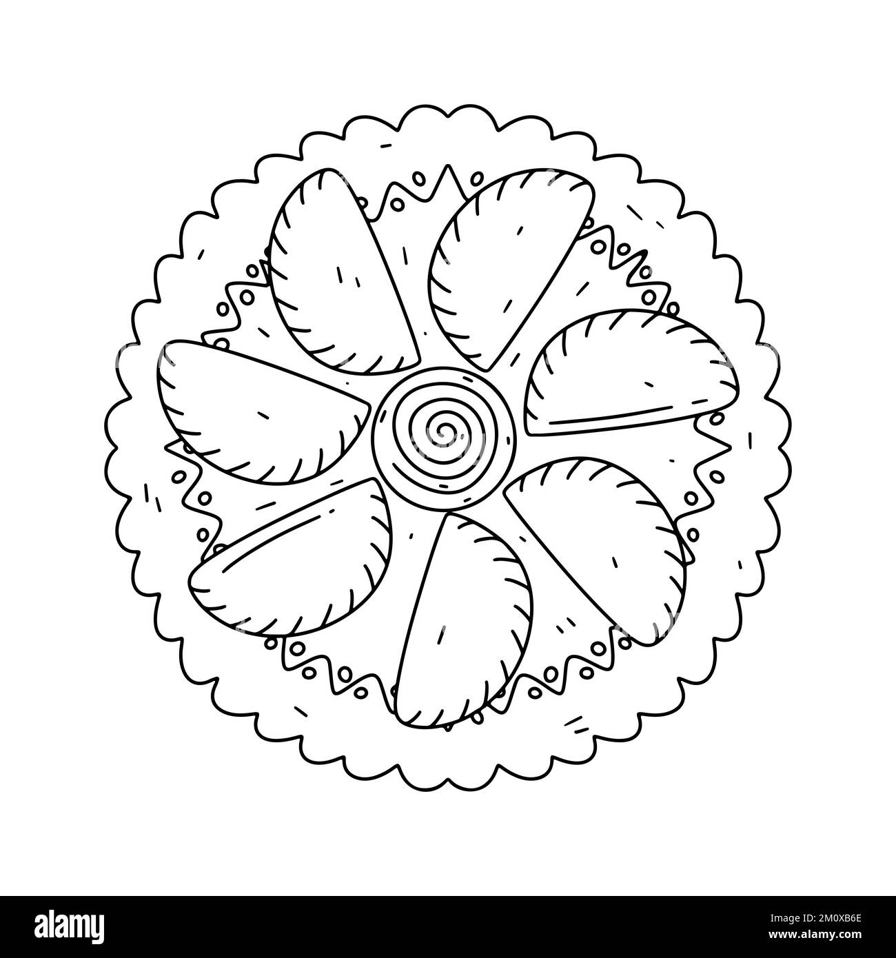 Gebratene Empanadas mit scharfer Sauce in handgezeichneter Kritzelform. Traditionelle kolumbianische Küche. lateinamerikanische Lebensmittelvektordarstellung Stock Vektor