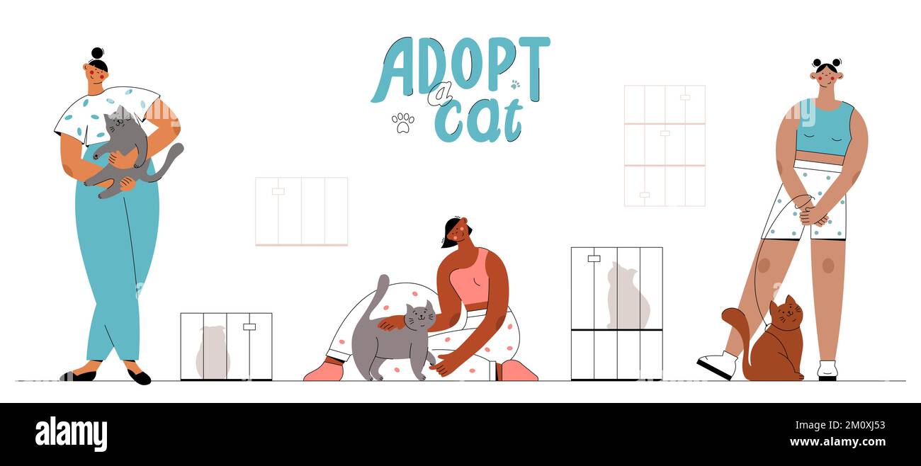 Flache Vektordarstellung. Drei Frauen nehmen Katzen aus dem Heim und geben ihnen Liebe und Glück. Adoption, nicht einkaufen. Stock Vektor