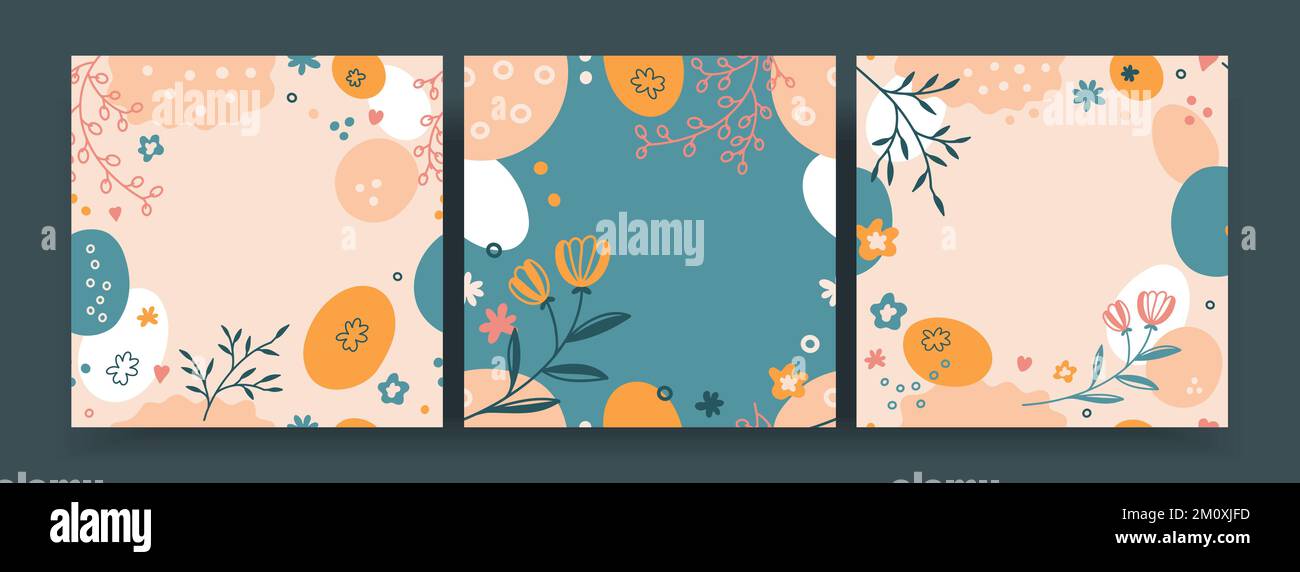 Vektorsatz von Post-Creative-Bildern. Drei Quadrate abstrakte Kompositionen mit Platz für Text. Stock Vektor