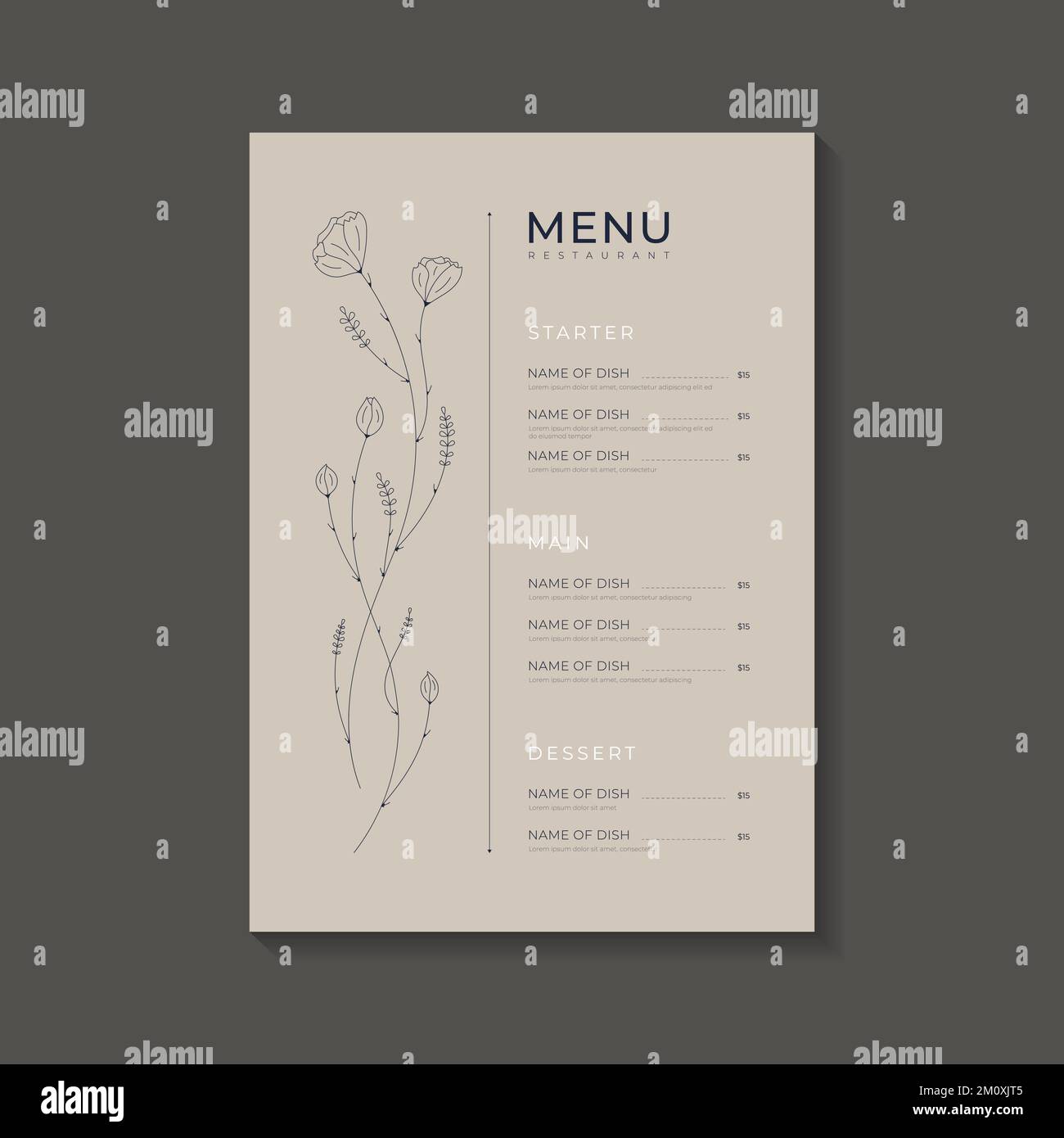 Handgemalte Restaurantkarte im Busho-Stil zum Mittagessen mit Blütenblumen und Text. Stock Vektor