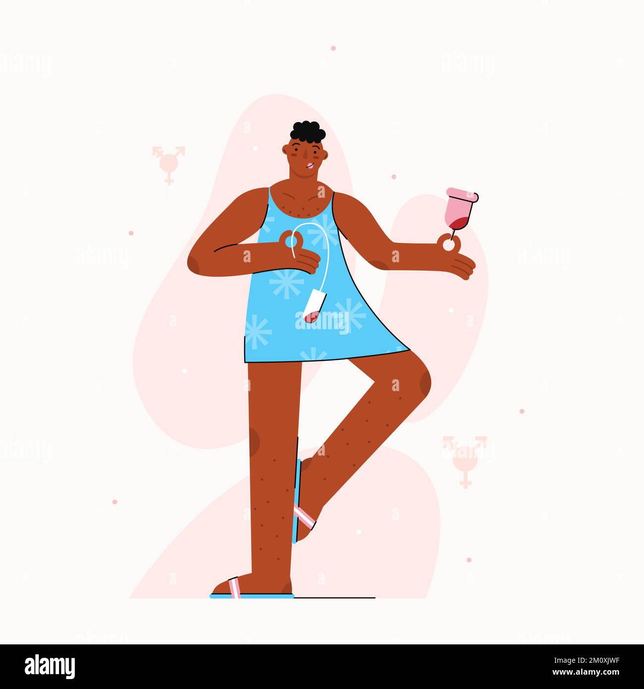 Menschen, die menstruieren. Vektordarstellung mit einer afroamerikanischen Transgender-Person, die monatliche Zyklen zeigt, mit Menstruationstupfer und Tampon-Zeichnung i Stock Vektor