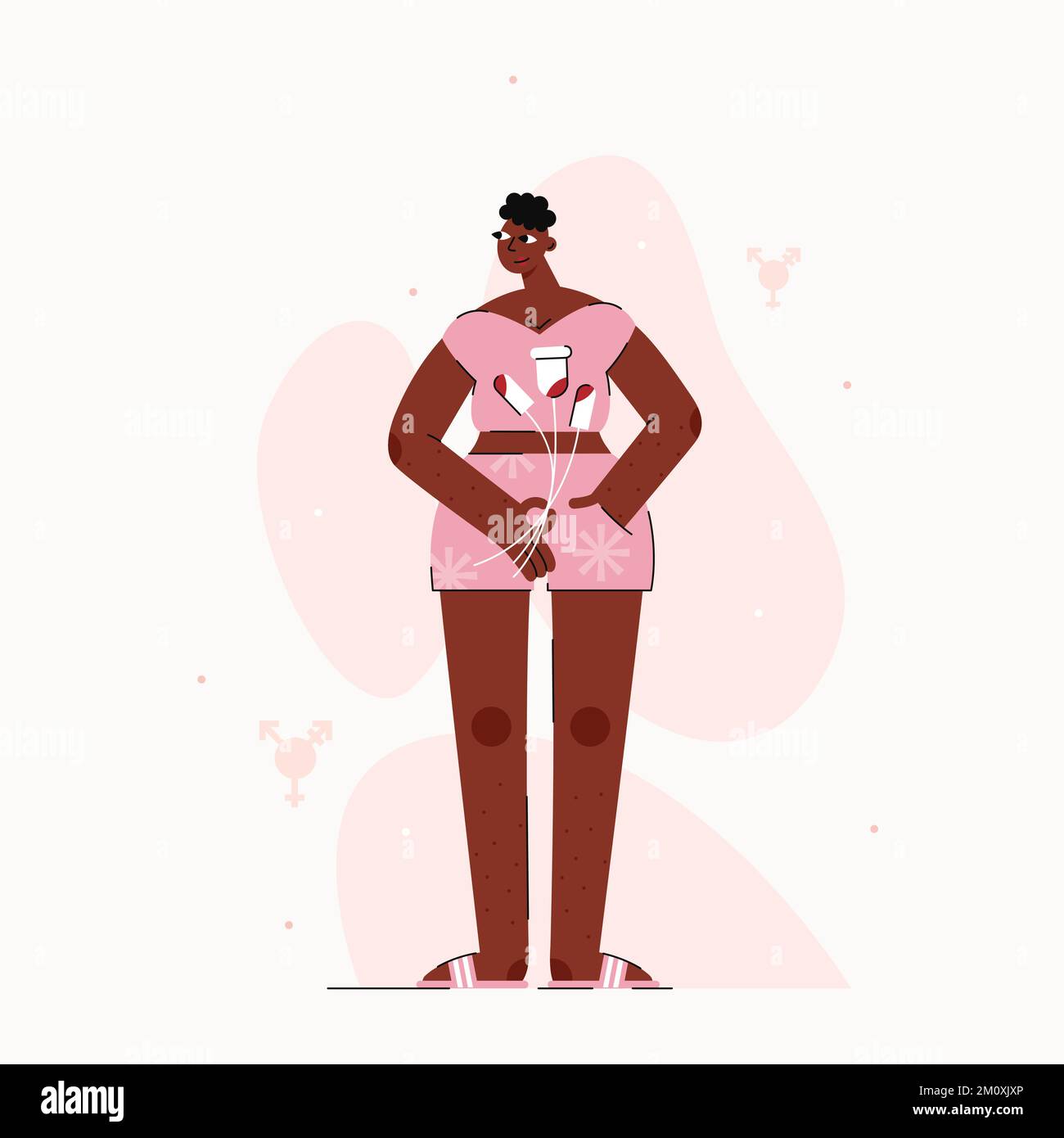 Vektordarstellung mit einer afroamerikanischen Transgender-Person mit Menstruationsbecher und Tampons in rosa Farbe. Stock Vektor