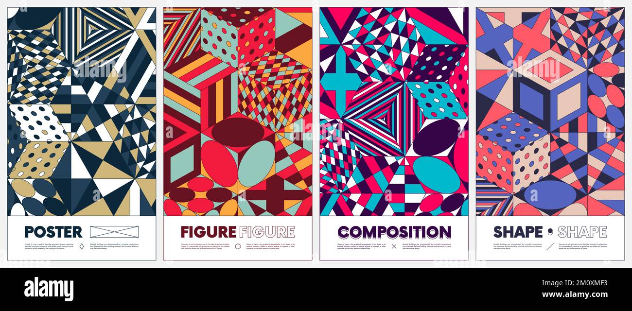 Abstraktes farbiges Poster im trendigen, flachen Stil, neue moderne Ästhetik geometrische Formen, farbenfrohe Würfel mit unterschiedlichen Mustern, Vektorbroschüren Stock Vektor