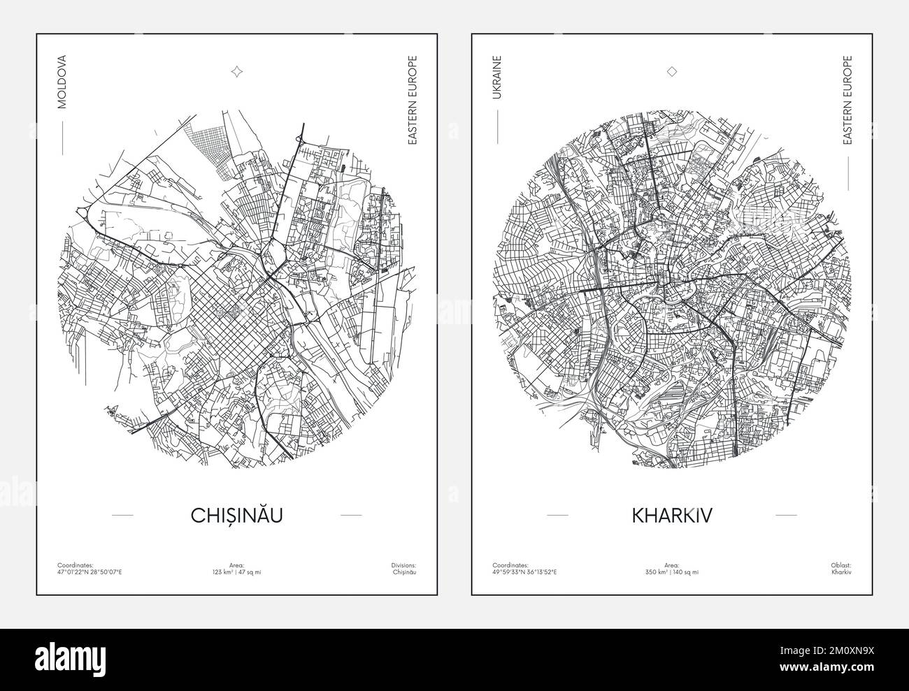Reiseposter, Stadtplan Stadtplan Chisinau und Kharkiv, Vektordarstellung Stock Vektor