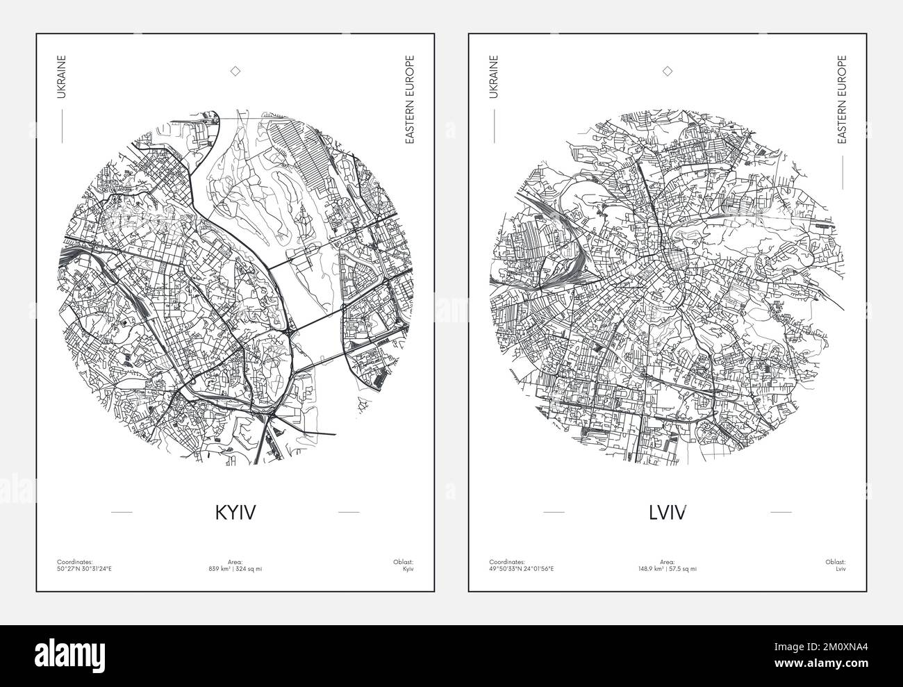 Reiseposter, Stadtplan Stadtplan Kiew und Lemberg, Vektordarstellung Stock Vektor
