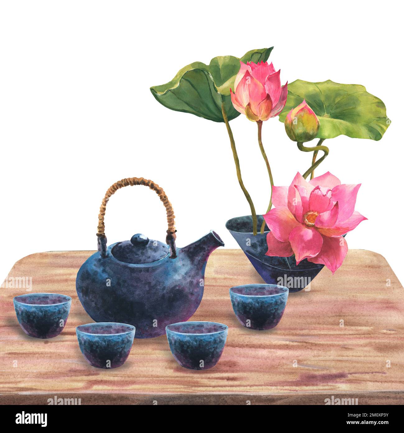 Aquarell-Darstellung der japanischen Teezeremonie, Zusammensetzung einer dunkelblauen Keramikteekanne, Schüsseln Tee, Keramikvase mit blühenden Laken auf einer Holzlasche Stockfoto