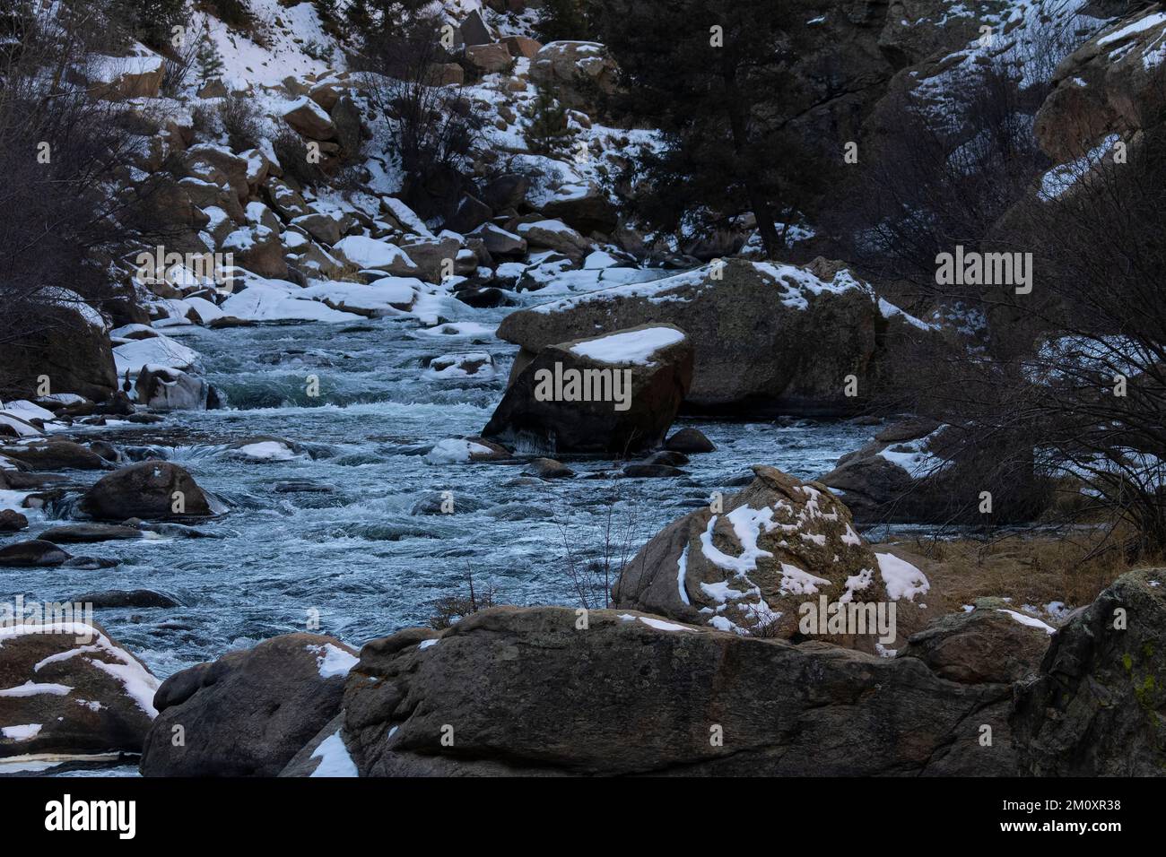 Platte River im Eleven Mile Canyon im Winter Stockfoto