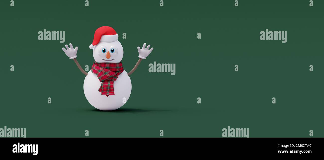 Glücklicher Schneemann mit offenen Armen auf grünem Hintergrund. Merry Christmas and Happy New year Concept with copy space 3D Render 3D Illustration Stockfoto