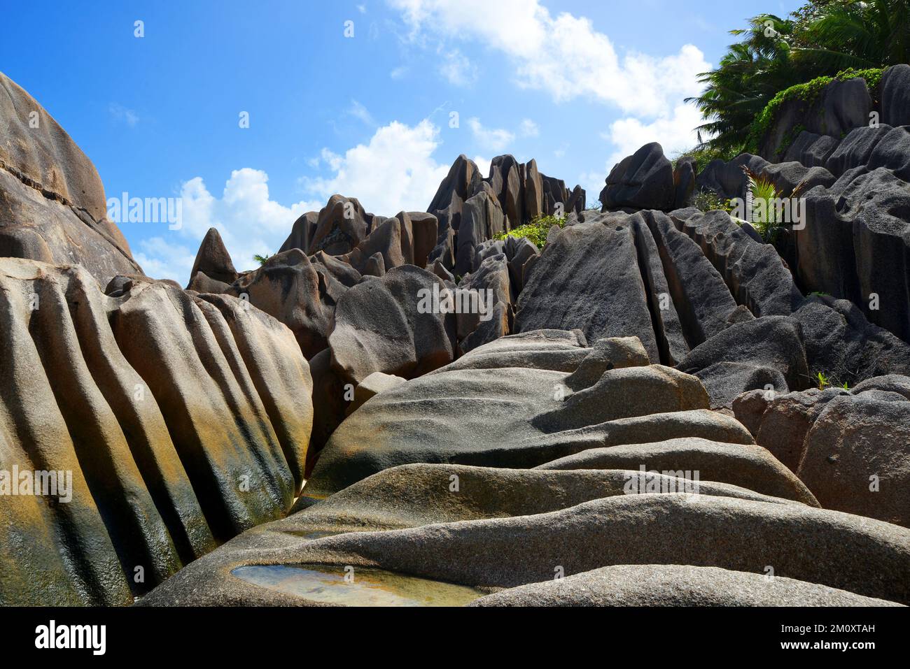 Granitfelsen in der Nähe des Strandes Anse Source d'Argent. Die Insel La Digue, die Seychellen. Stockfoto