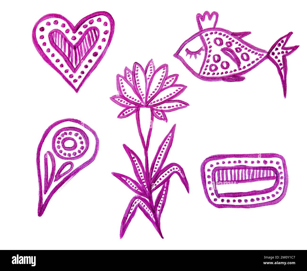 Handgezeichnetes Boho-Yoga-Set. Dekorative Illustration. Violette zentangle-Elemente. Herz, Fisch, Blume, abstrakte Formen. Isoliert auf weiß Stockfoto