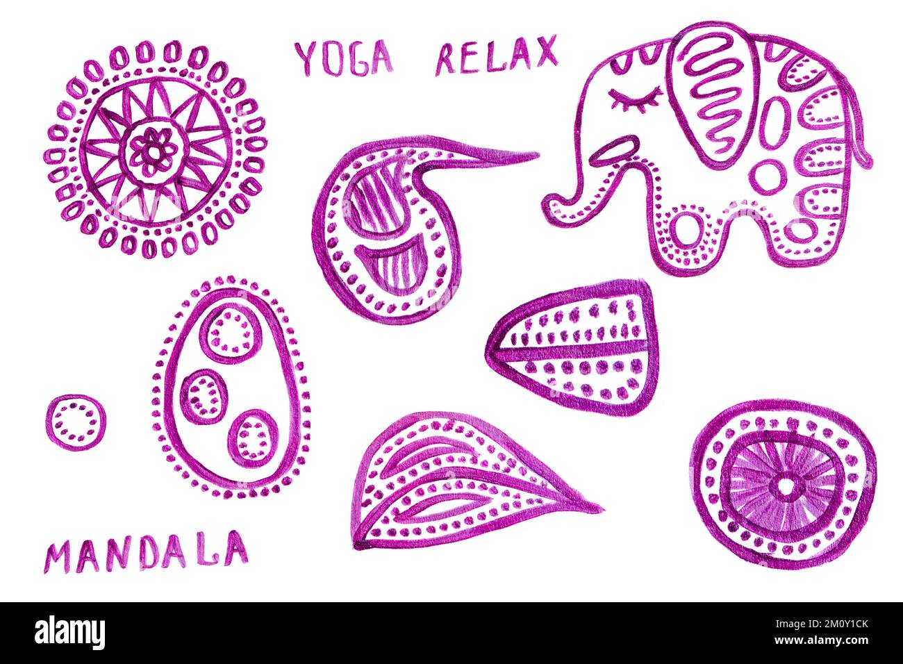 Handgezeichnetes Boho-Yoga-Set. Dekorative Illustration. Violette zentangle-Elemente. Elefant, Mandala, abstrakte Formen. Isoliert auf weiß Stockfoto