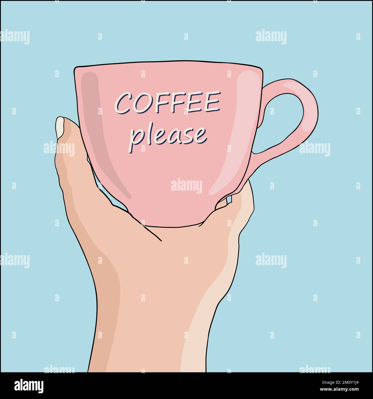 Hand, die eine große Tasse mit Kaffee hält, schreibe bitte eine Vektorzeichnung Stock Vektor