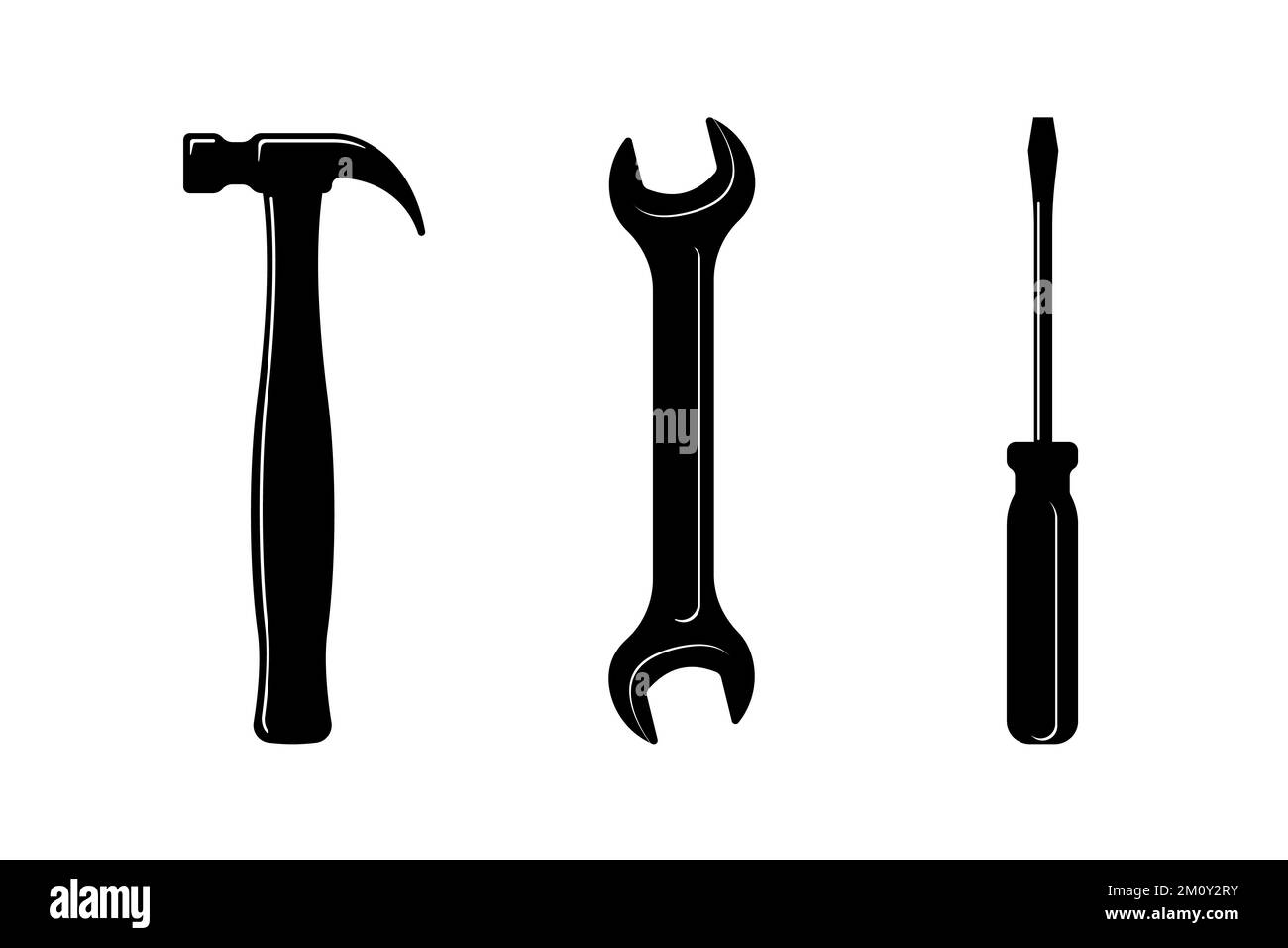 Schwarzer Symbolsatz für Hammer, Schraubendreher, Schraubenschlüssel oder Schraubenschlüssel. Handyman Tools Symbolsammlung für die Reparatur. Schilder mit dem Thema Wartungsservice. Piktogramme für die Bauindustrie. Vektordarstellung Stock Vektor