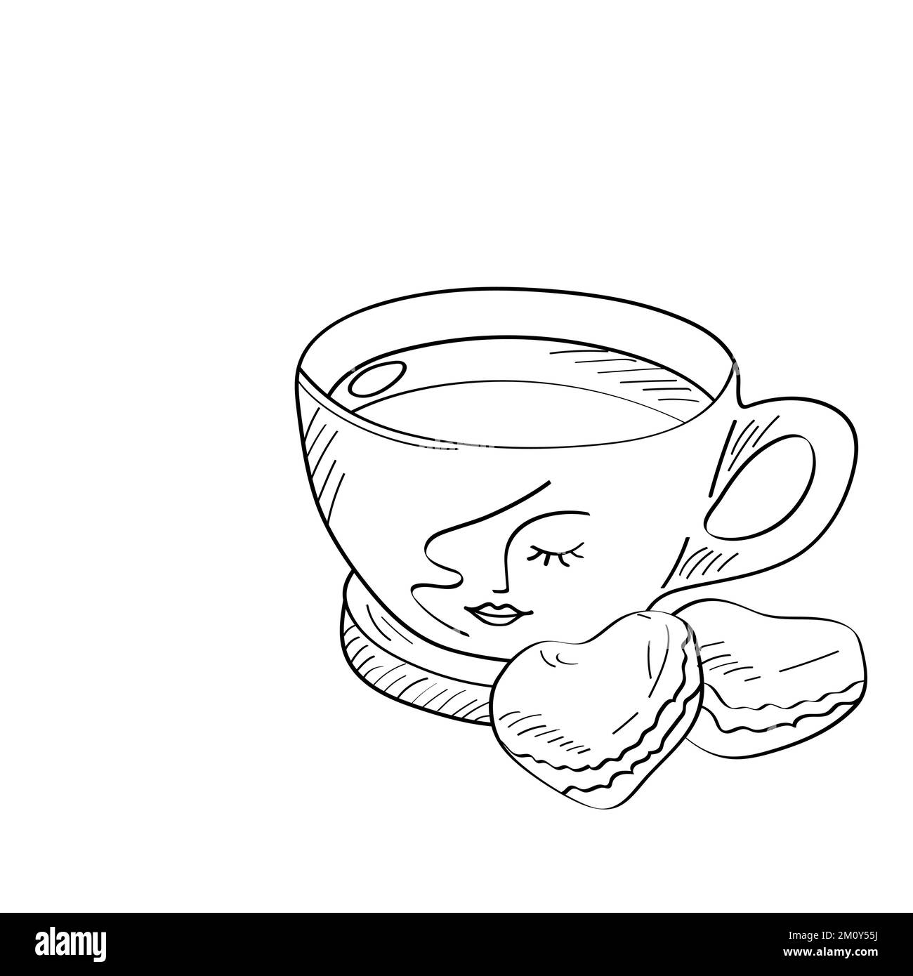 Eine Tasse Tee oder Kaffee mit Makronen. Vektordarstellung im handgezeichneten Stil. Stock Vektor