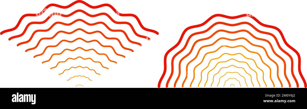 Rote Wellensignale. Sonar oder wellige Schalllinien. Epizentrum, Ziel, Radar, Schwingungselement. Funksignal pulsiert. Stock Vektor