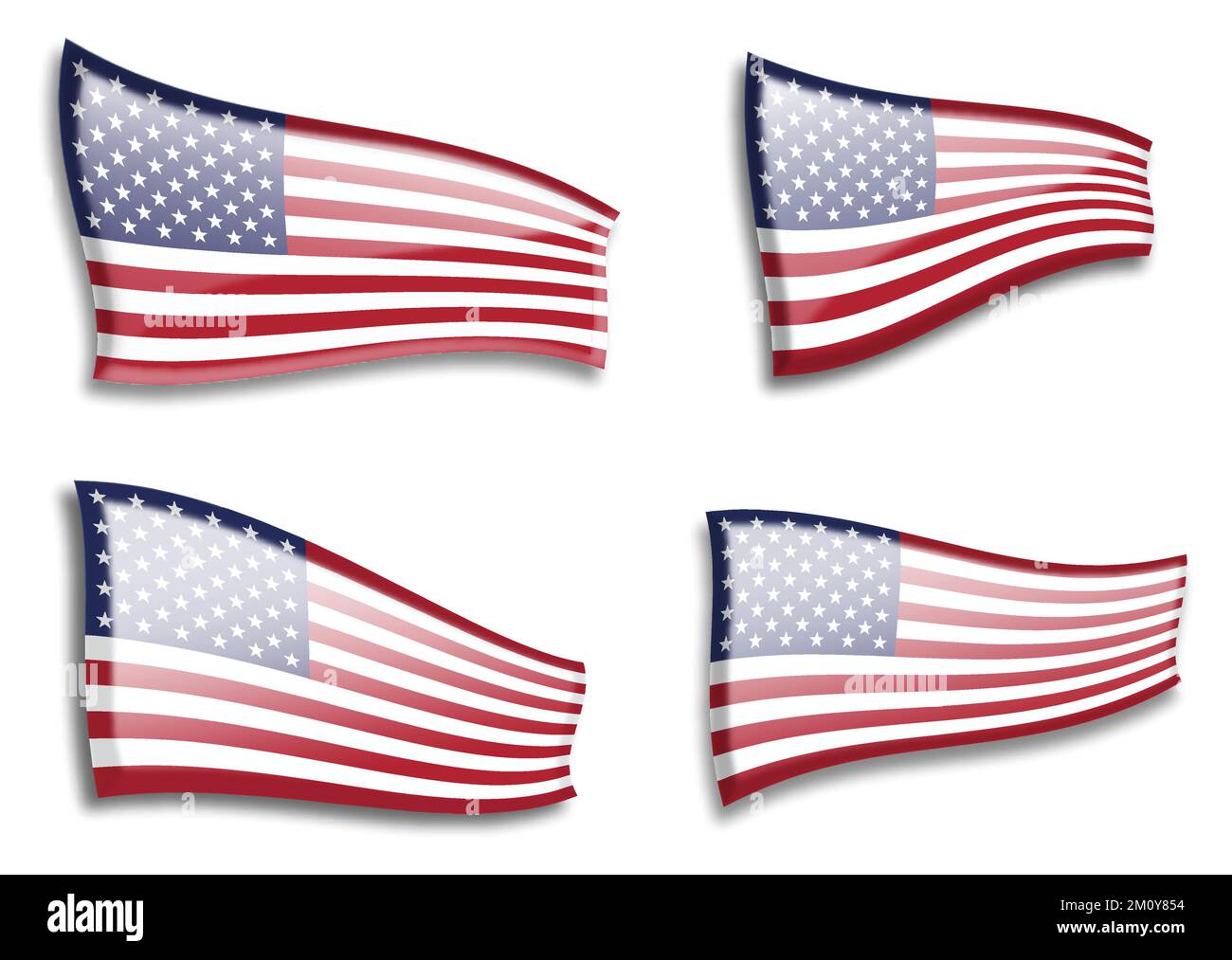 Satz amerikanischer Flaggen aus verschiedenen Ansichten auf weißem Hintergrund. Jede amerikanische Flagge kann separat verwendet werden und kann leicht bearbeitet werden. Stock Vektor