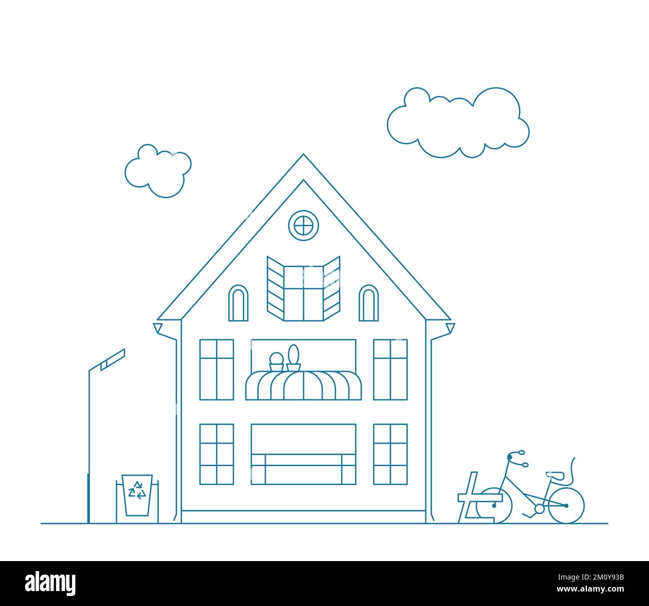 Strichkunst-Vektorgrafik mit Haus und Rad. Stadtbild mit blauem Wohngebäude. Stock Vektor