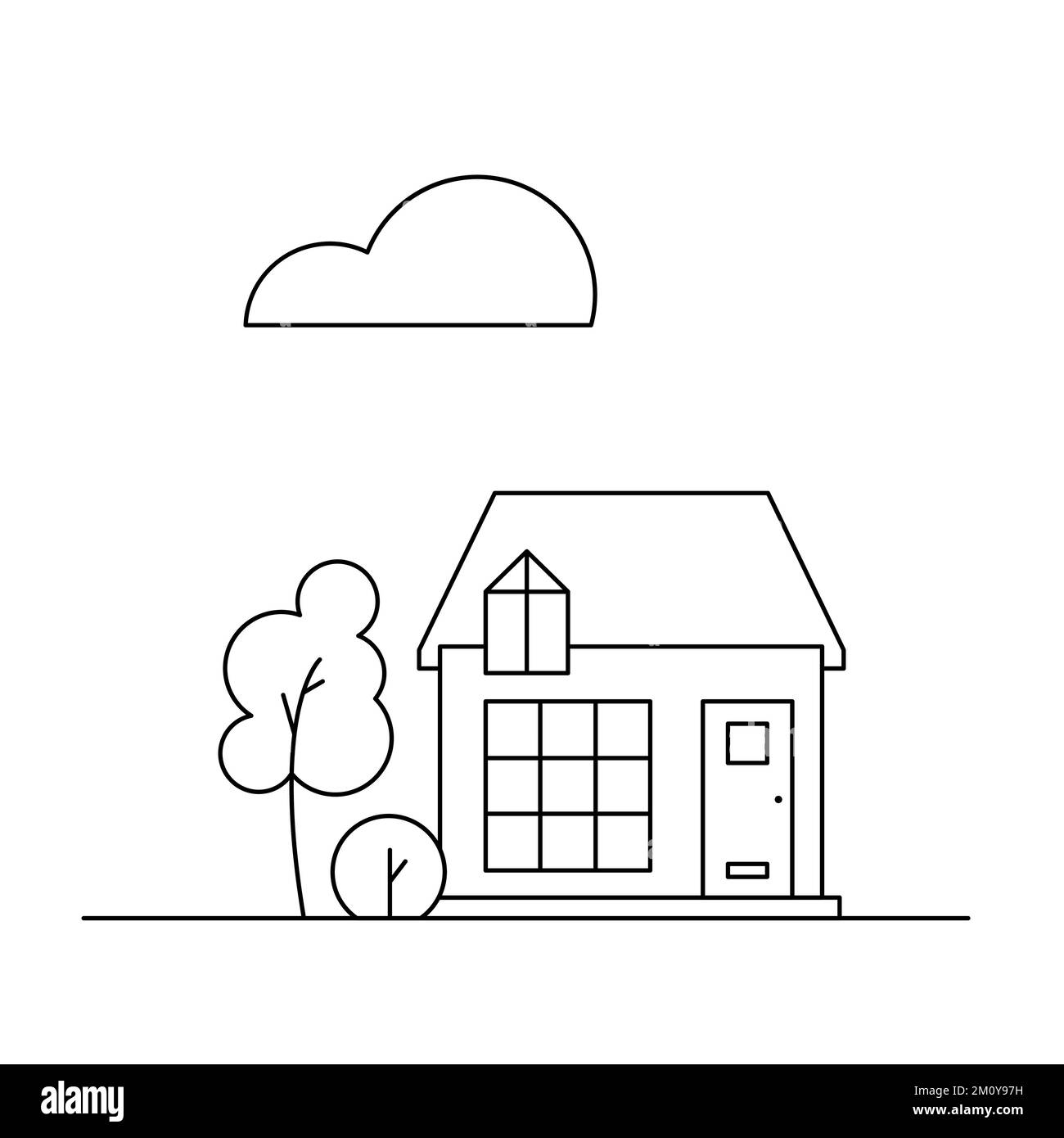 Nachbarschaftslinie, Kunsthaus und ein Baum. Vektordarstellung. Stock Vektor