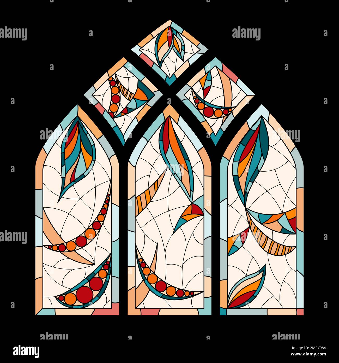Buntglasfenster in einer Kirche auf schwarzem Hintergrund. Stock Vektor
