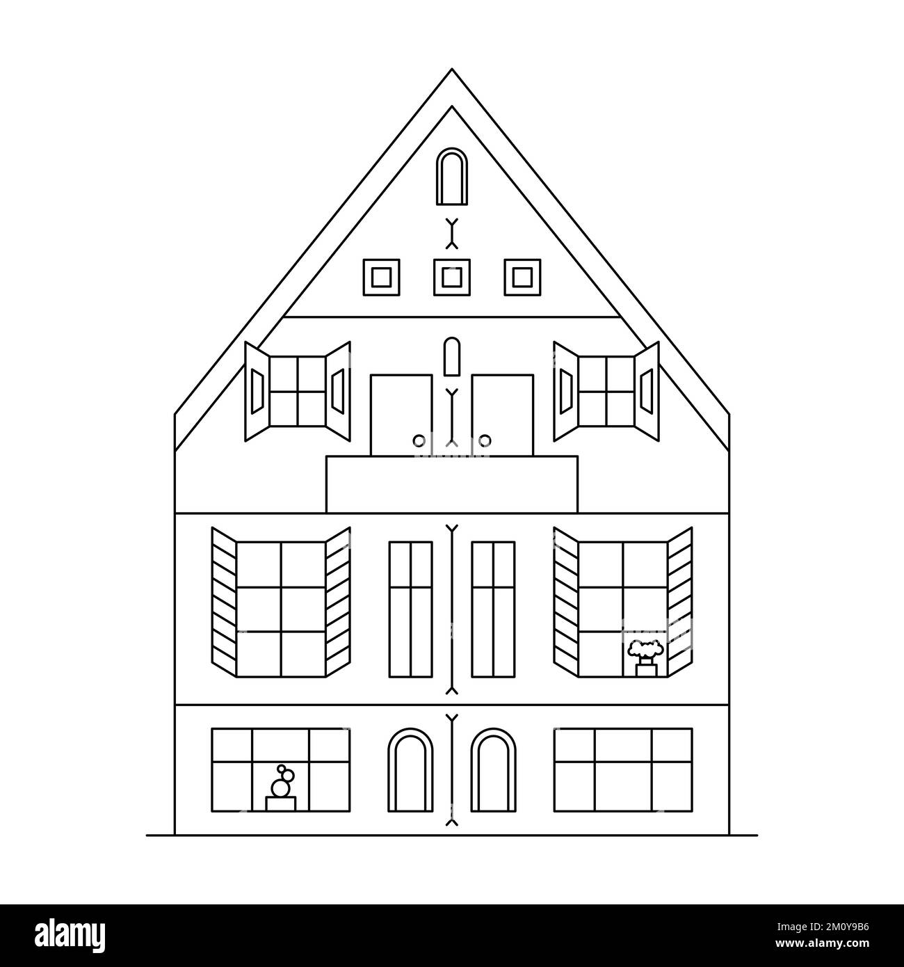 Strichkunst-Vektorgrafik mit einem Haus. Stadtbild mit schwarzem Wohngebäude. Stock Vektor