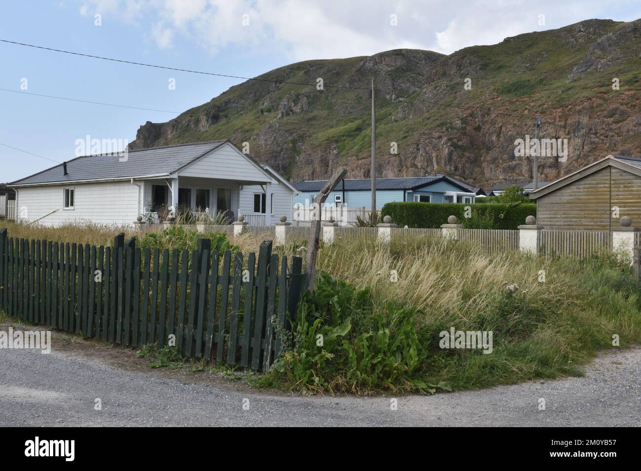 Seaside Buildings, Brean Down, Somerset, England, Großbritannien Stockfoto