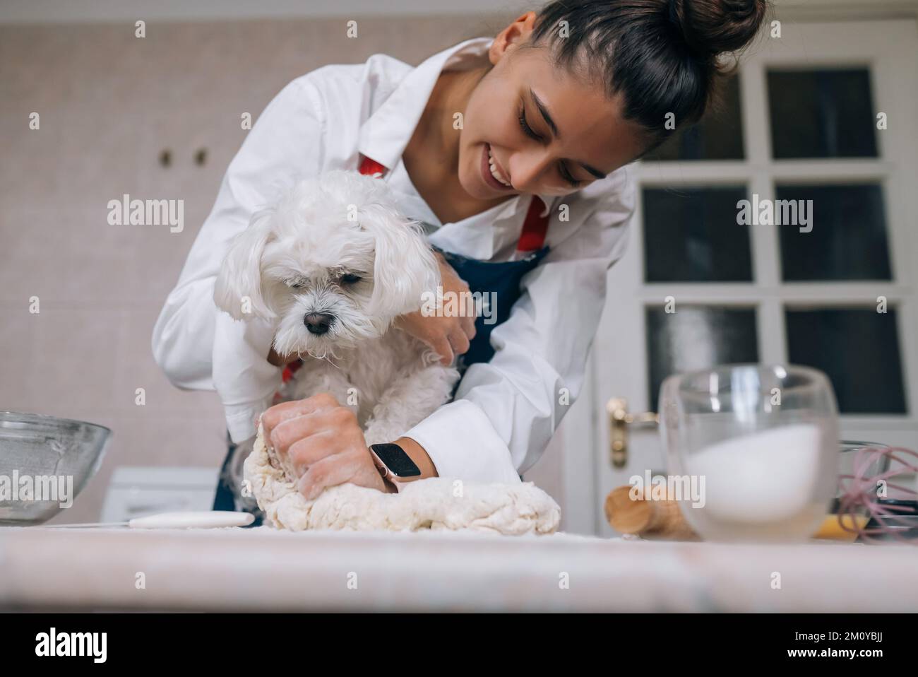Die Frau in der Küche knettet den Teig mit einem Hund in der Küche Stockfoto