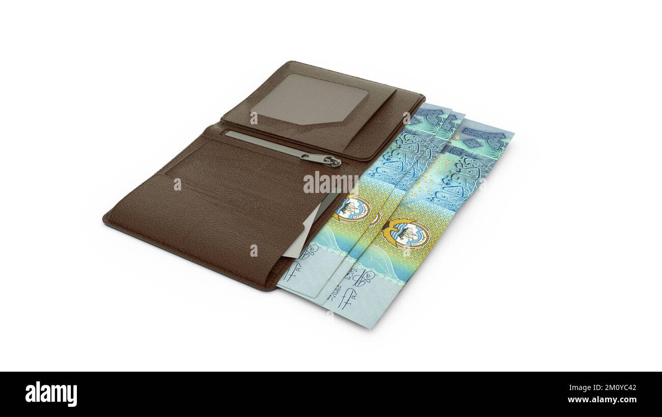 3D-Darstellung kuwaitischer Dinarnoten in der Brieftasche Stockfoto