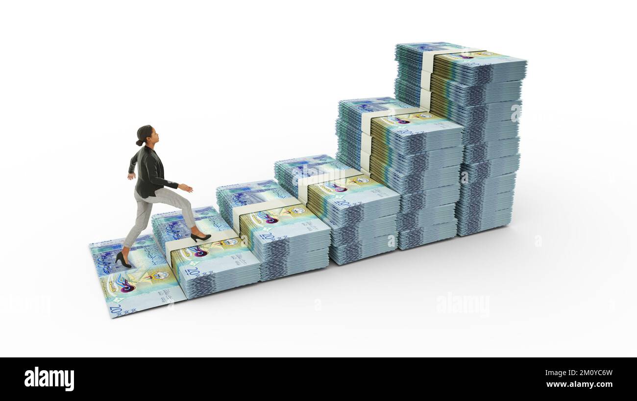 Geschäftsfrau, die Treppen aus Kuwait-Dinar-Noten hochklettert. 3D Darstellung von Geld in Form eines Diagrammsymbols für das Finanzwachstum. Geschäftlich gro Stockfoto