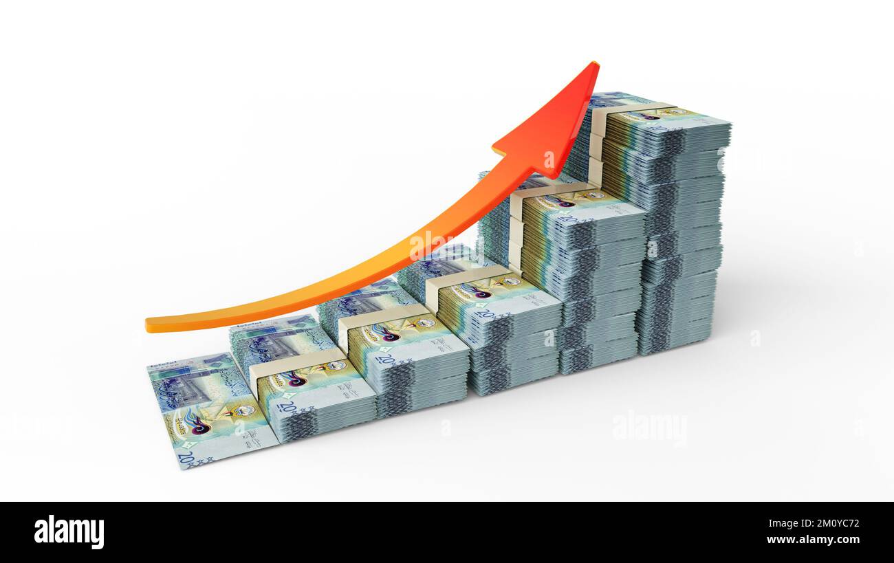 Zeichen für Finanzwachstum aus Stapeln kuwaitischer Dinarnoten. 3D Gelddarstellung in Form eines Balkendiagramms, isoliert auf weißem Hintergrund Stockfoto