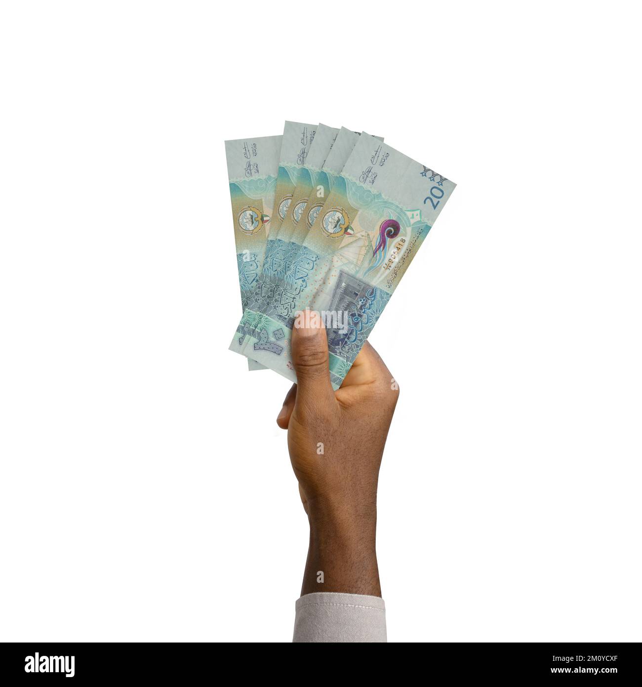 Schwarze Hand mit 3D ausgedruckten Kuwait-Dinar-Noten Stockfoto