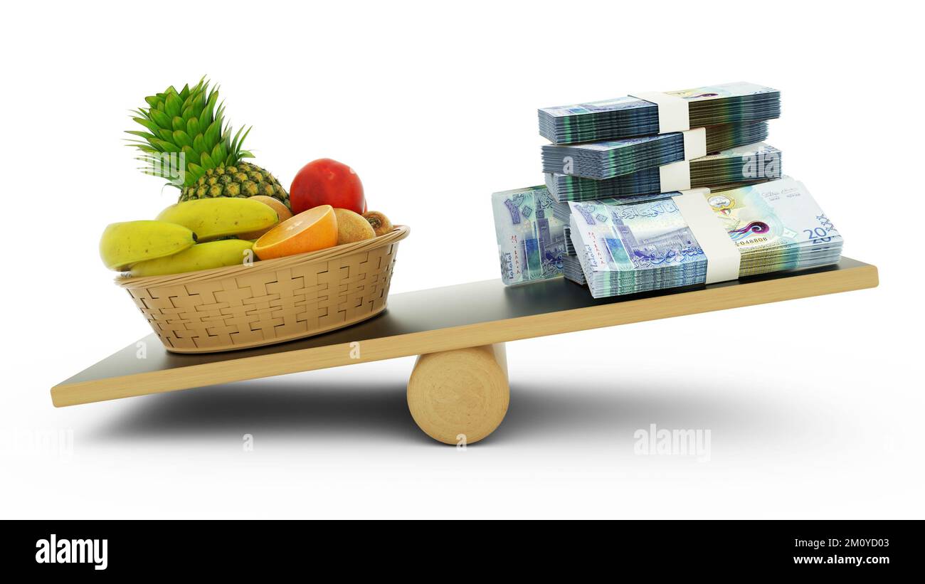 Nahrungsmittelinflation, Gewichtung kuwaitischer Währung gegen Lebensmittel, hohe Lebenshaltungskosten, 3D-Rendering Stockfoto