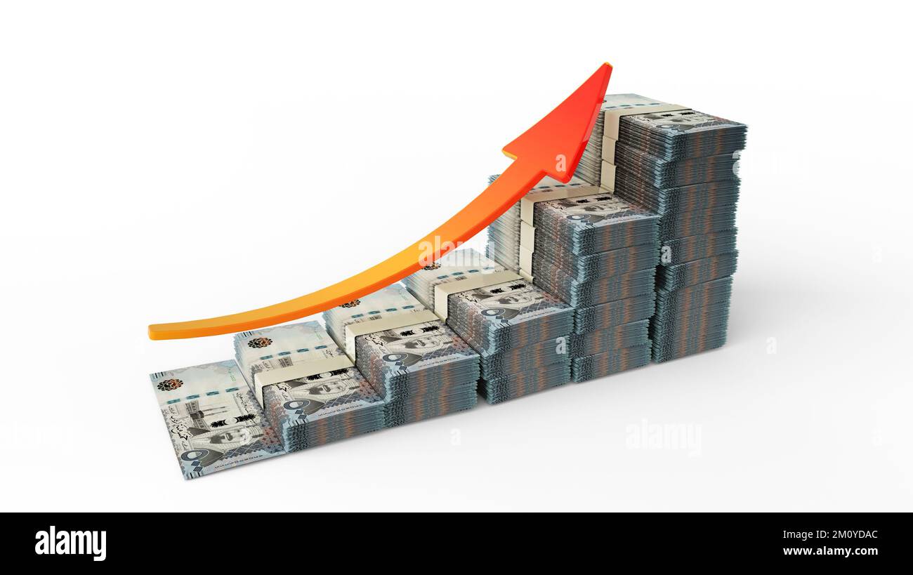 Ein Zeichen für Finanzwachstum, bestehend aus Stapeln saudiarabischer riyal Notes. 3D Gelddarstellung in Form eines Balkendiagramms, isoliert auf weißem Hintergrund Stockfoto