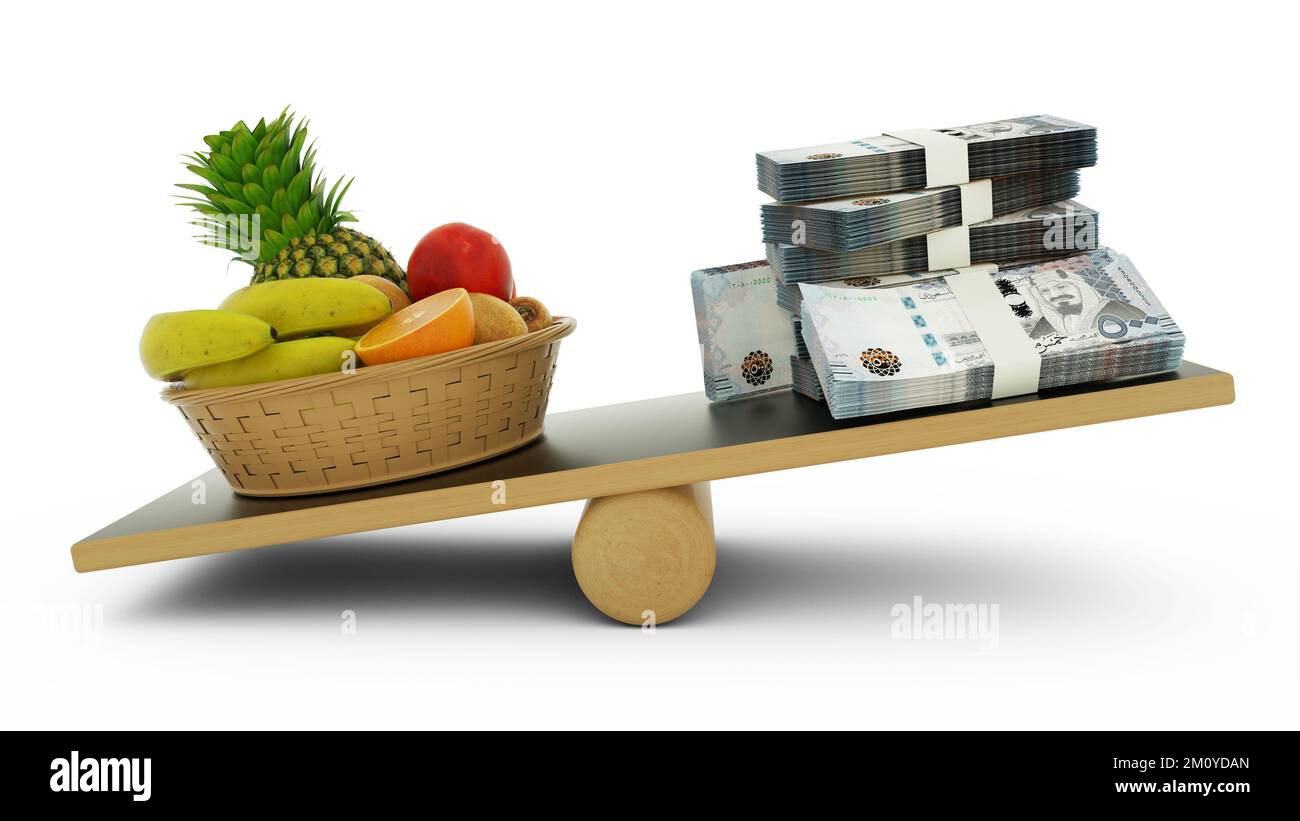 Inflation in Saudi-Arabien, Gewichtung saudischer Währung gegen Nahrungsmittel, hohe Lebenshaltungskosten, 3D-Rendering Stockfoto