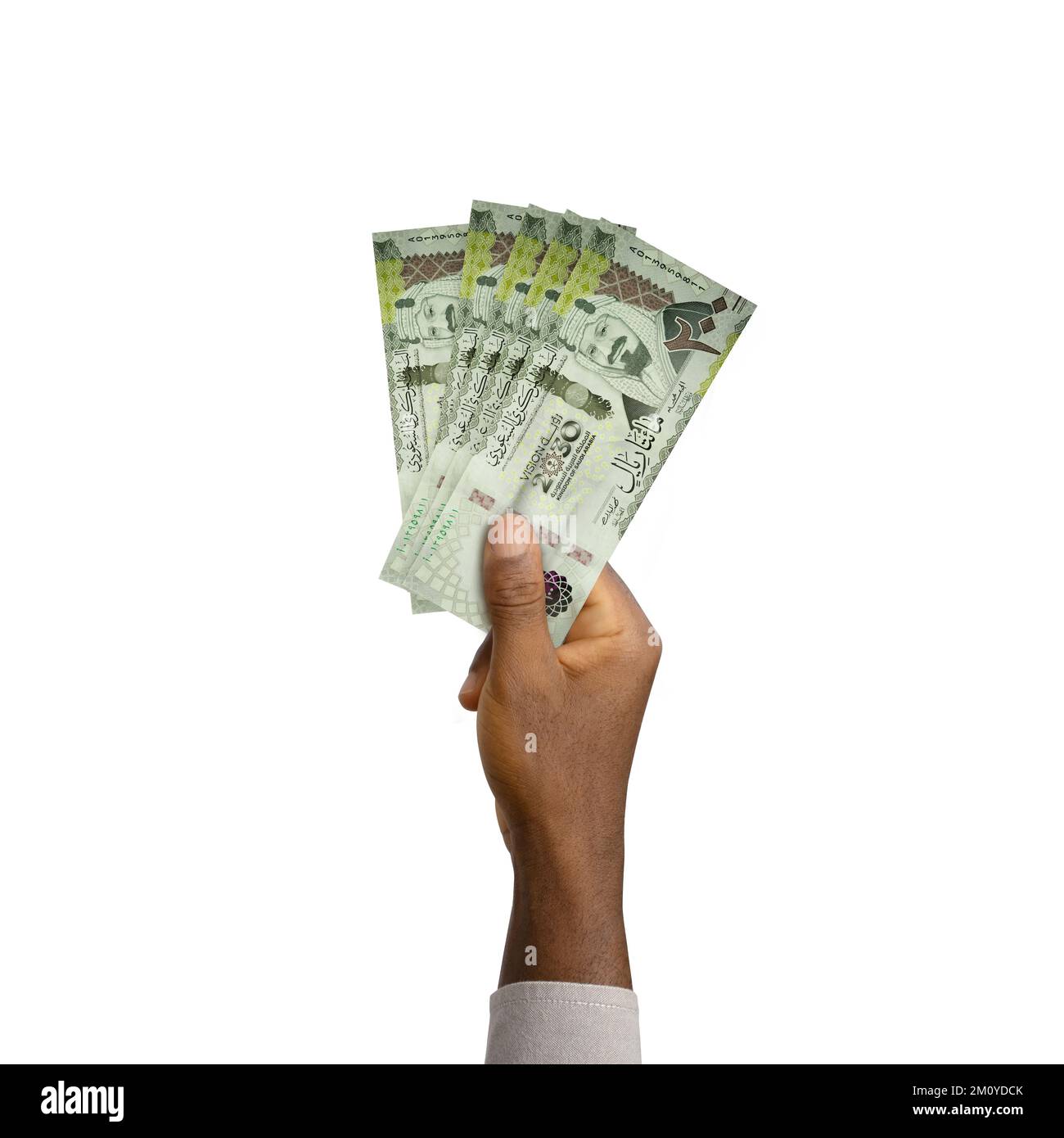 Schwarze Hand mit 3D gezeichneten saudiarabischen Riyal Noten isoliert auf weißem Hintergrund Stockfoto