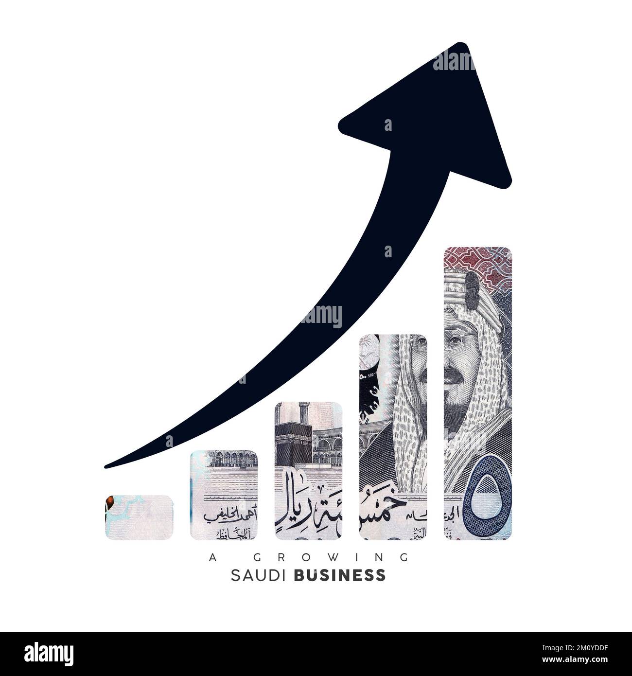 Symbol für wachsende Unternehmen. Maskierung saudischer Notizen in Form eines Wachstumsdiagramms abschneiden. Illustration Stockfoto