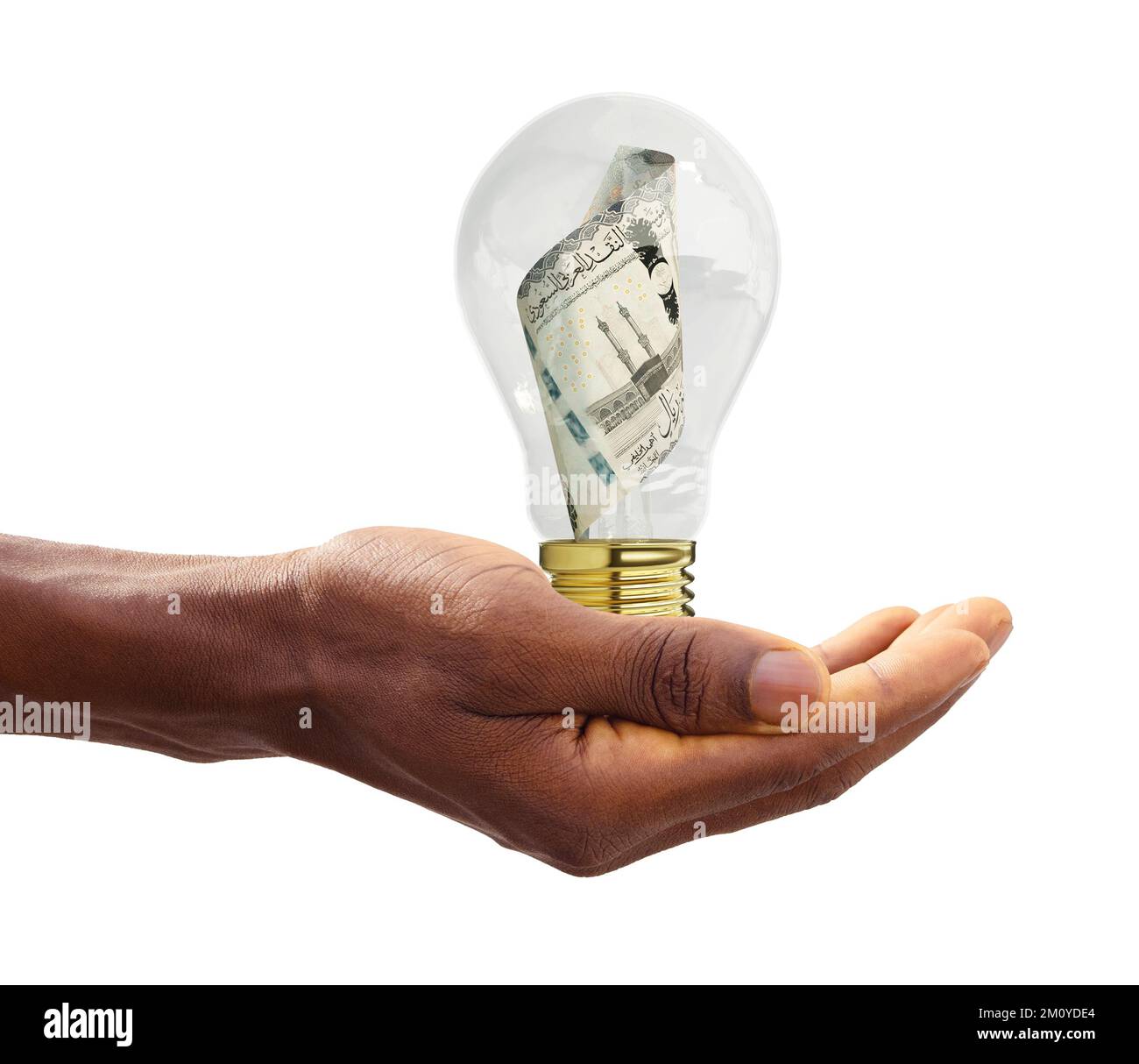 3D-Wiedergabe der saudischen Rial Note in transparenter Glühbirne isoliert auf weißem Hintergrund, kreatives Denken. Geld verdienen, indem man Probleme löst. Idee Stockfoto