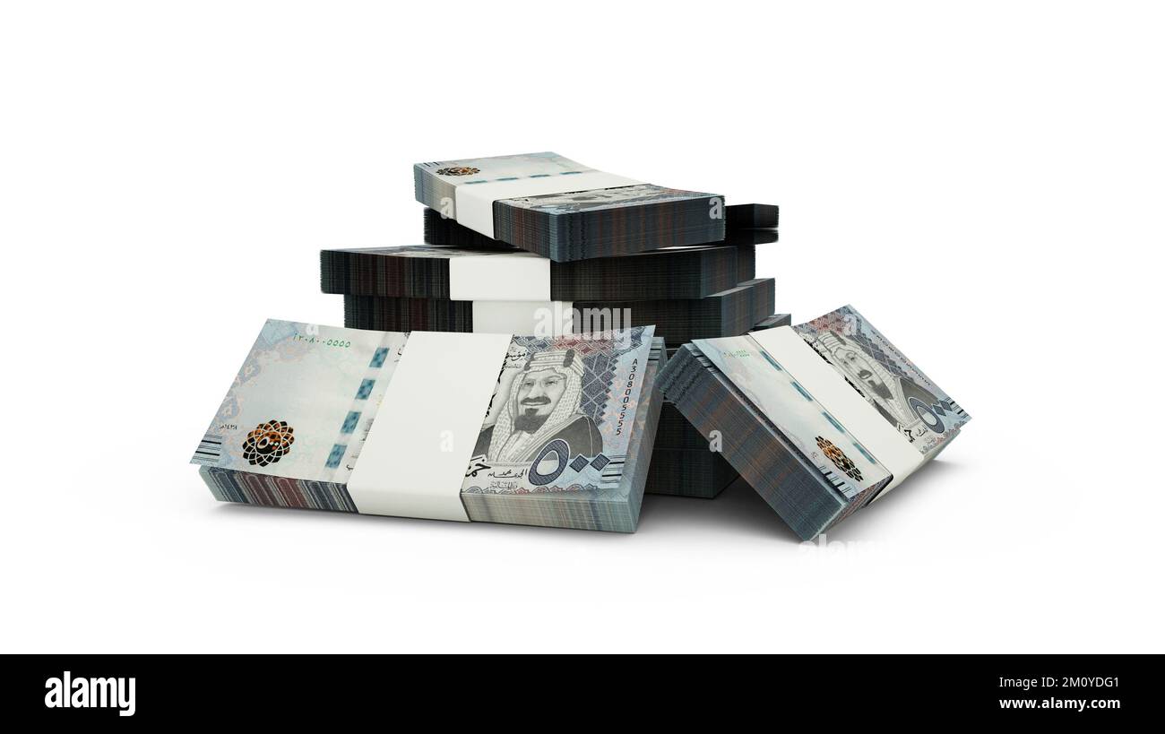 3D-Darstellung von Stapel saudischer riyal Notes. Bündel saudischer Banknoten, isoliert auf weißem Hintergrund Stockfoto