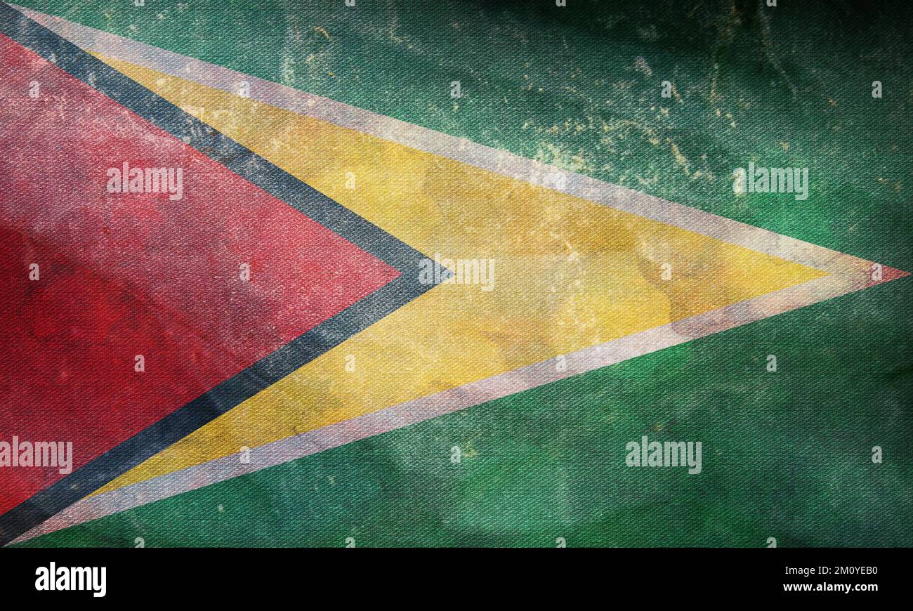 Retro-Flagge des englisch-kreolischen Volkes Guyana mit Grunge-Struktur. Flagge, die ethnische Gruppe oder Kultur, regionale Behörden repräsentiert. Kein Fahnenmast Stockfoto