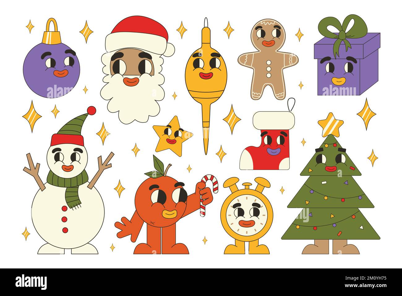 Tolle Weihnachtsaufkleber. Weihnachtsmann, Weihnachtsbaum, Geschenke, Lebkuchen im trendigen Retro-Cartoon-Stil. Zeichentrickfiguren und -Elemente Stock Vektor