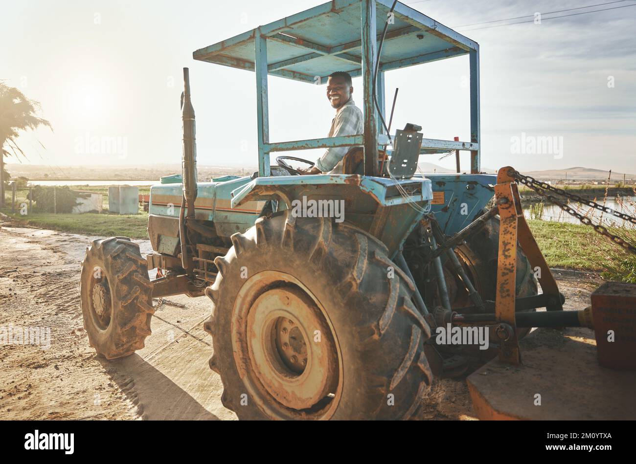 Sie lernen jeden Tag etwas Neues, wenn Sie mit Pflanzen arbeiten. Ein junger Landwirt, der einen Traktor auf einem Hof fährt. Stockfoto