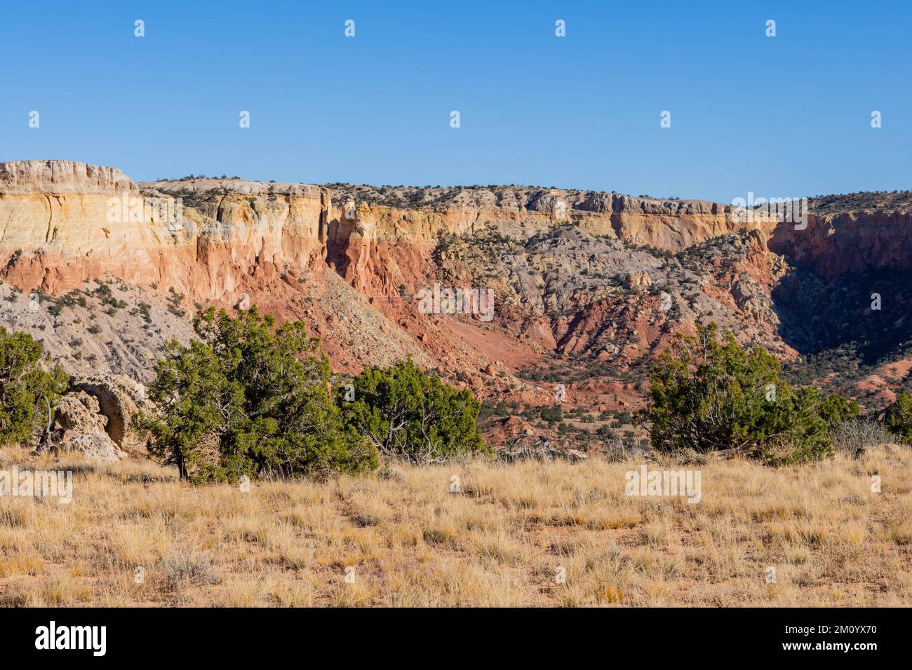 Farbenfrohe Mesas und Berge auf der Ghost Ranch, New Mexico Stockfoto