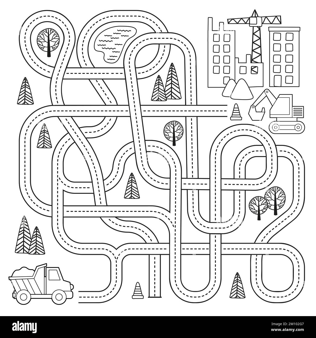 Labyrinth mit Fahrzeugen und verwickelten Straßen. Helfen Sie dem Stapler, die Baustelle zu erreichen. Vektor-Cartoon-Illustration Stock Vektor