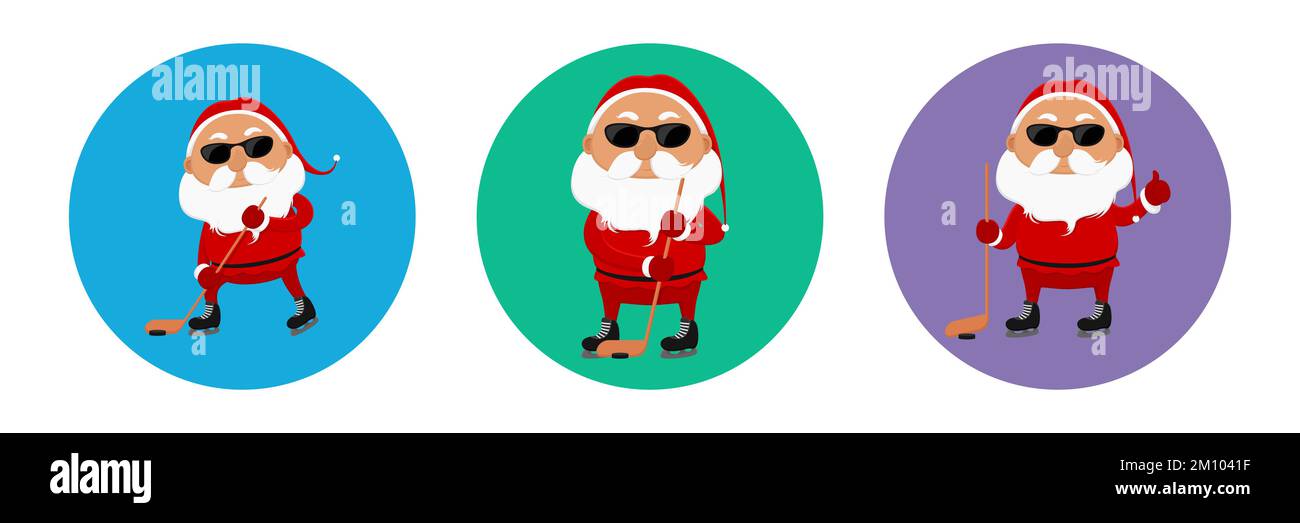 Eishockey-Avatare. Weihnachtsmann mit Sonnenbrille. Vektordarstellung. Stock Vektor
