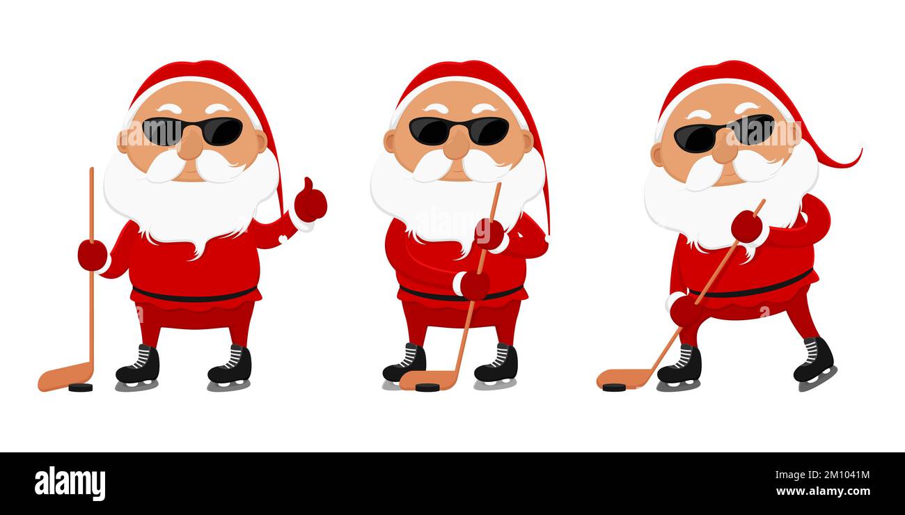 Der Weihnachtsmann mit Sonnenbrille spielt Eishockey. Vektordarstellung. Stock Vektor