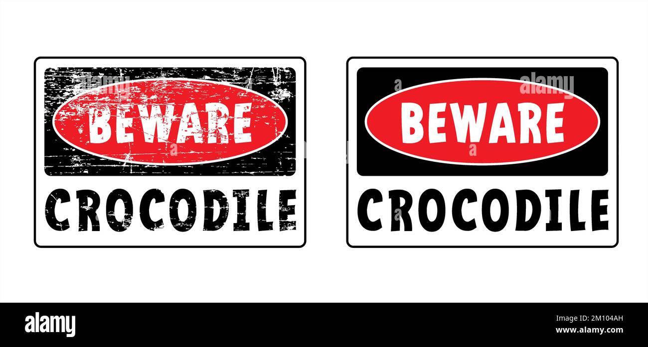 Halten Sie an, hüten Sie sich vor Krokodilen oder Kaiman-Siegelbrettern. Cartoon Krokodil- oder Fleischfresser-Reptil-Warnschild für Strand, Flussbewohner im Wasser- oder Meeresbereich Stockfoto