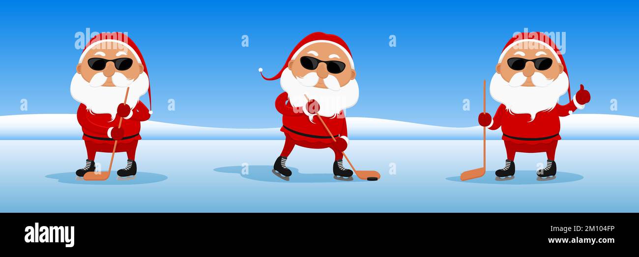 Der Weihnachtsmann spielt Eishockey mit Sonnenbrille. Vektordarstellung. Stock Vektor