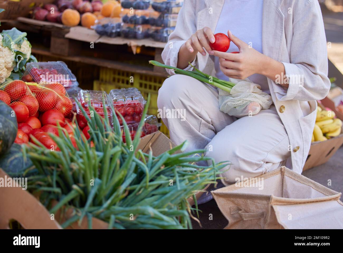 Frauen, Einkaufen und gesunde Lebensmittel, Obst und Gemüse auf veganem Bauernmarkt, umweltfreundliches Lebensmittelgeschäft oder Lebensstil der Nachhaltigkeit. Nahaufnahme Stockfoto