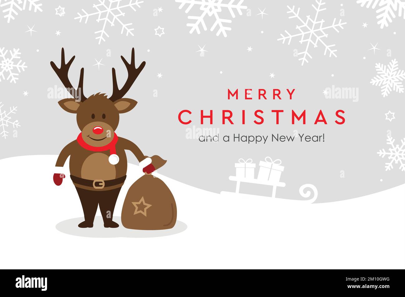 weihnachtsgrußkarte mit niedlichem Hirsch auf verschneitem Hintergrund Stock Vektor