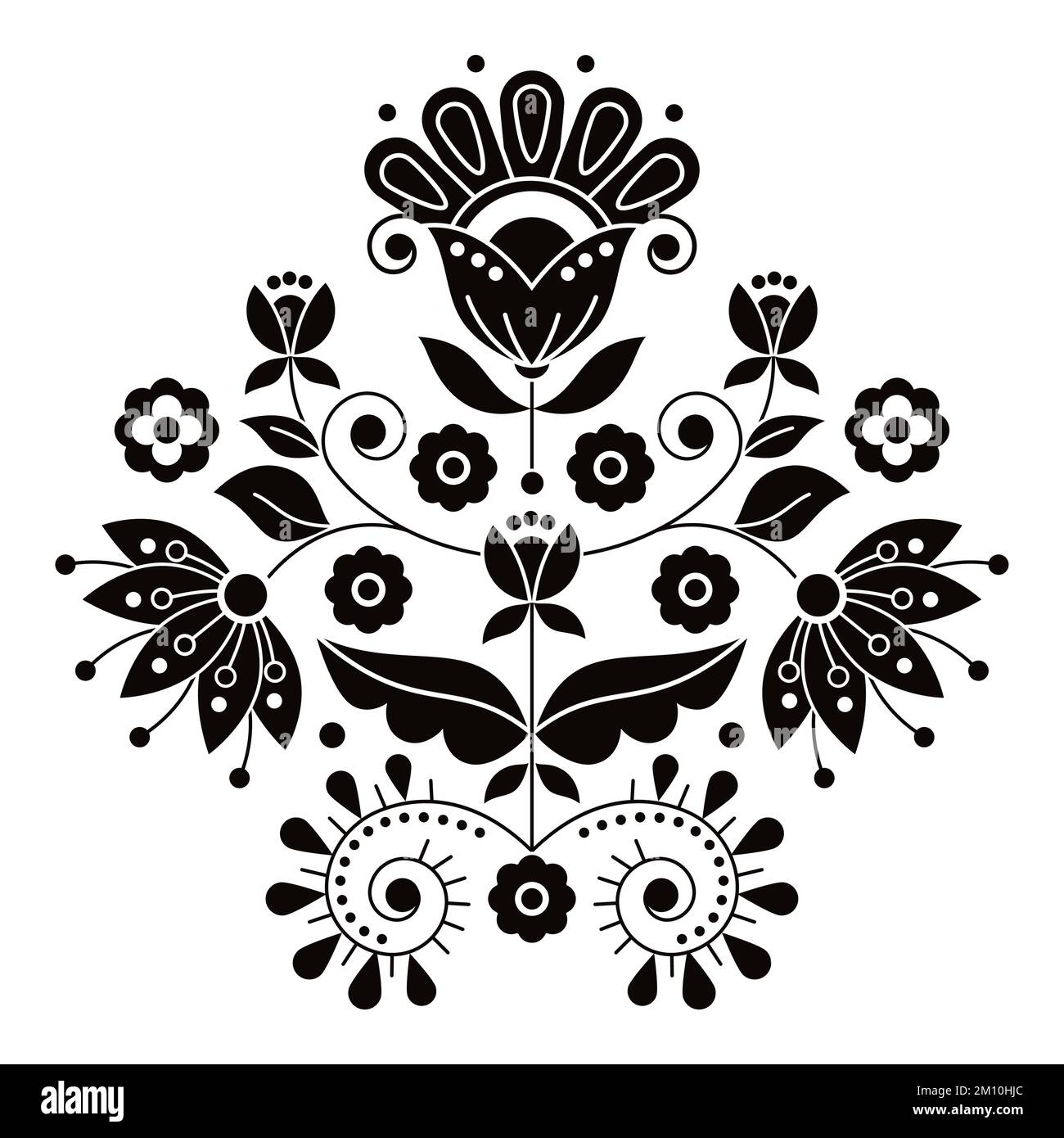 Skandinavisches niedliches Folk Art Vektor-Design, inspiriert von traditionellen Stickereien aus Schweden, Retro-Dekoration mit Blumen, Wirbeln und Blättern mot Stock Vektor