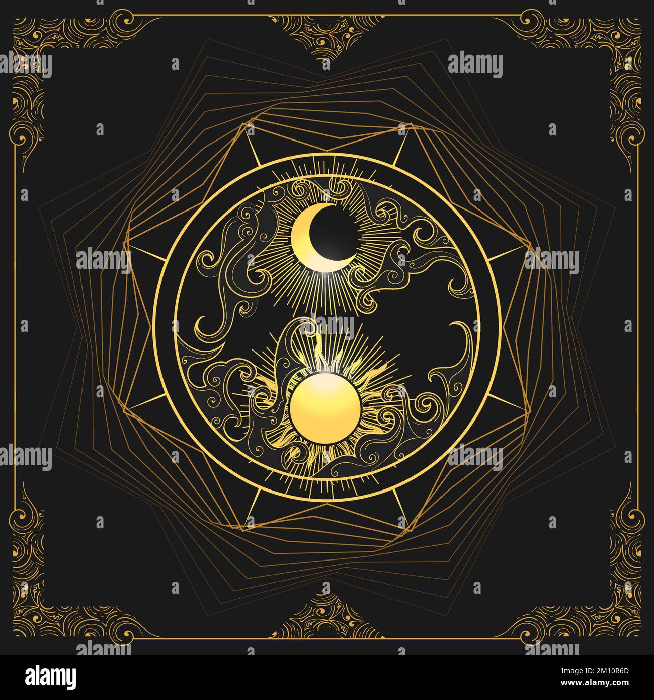 Esoterische Darstellung von Sonne und Mond isoliert auf Schwarz. Vektordarstellung Stock Vektor